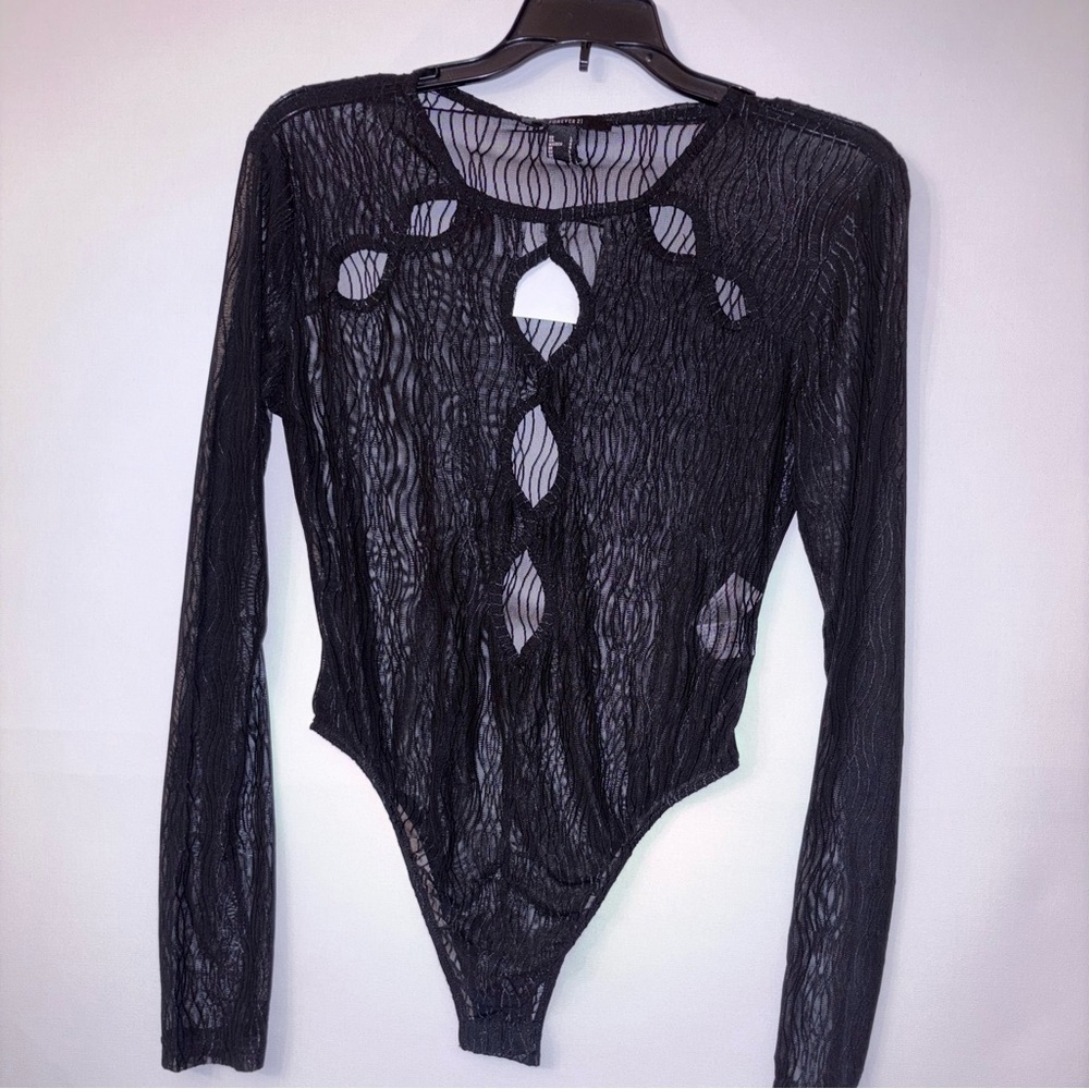 Forever 21 Black Long-Sleeve Sheer Cutout Bodysuit